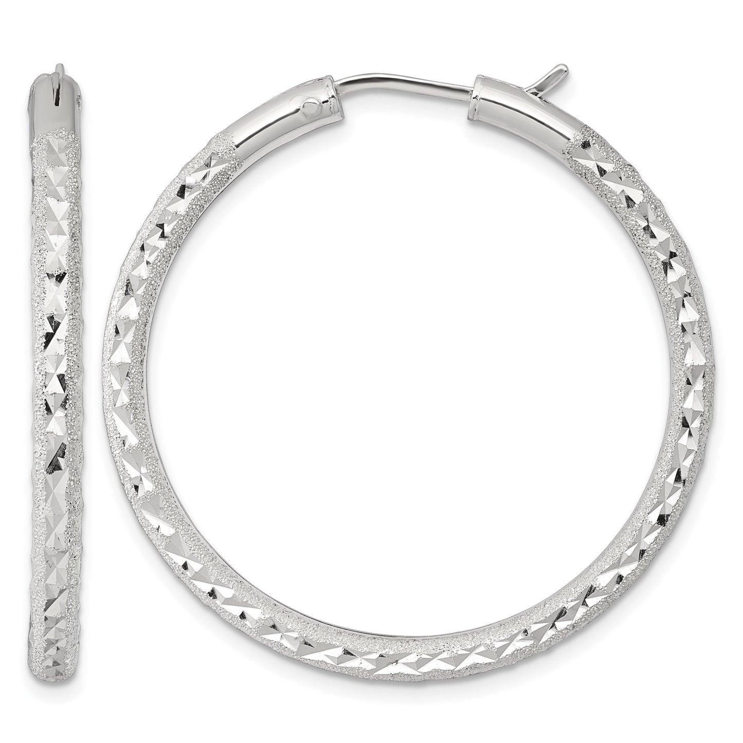 Sterling Silver Laser and Diamond-cut 40x3.25mm Hidden Catch Round Hoop Earrings