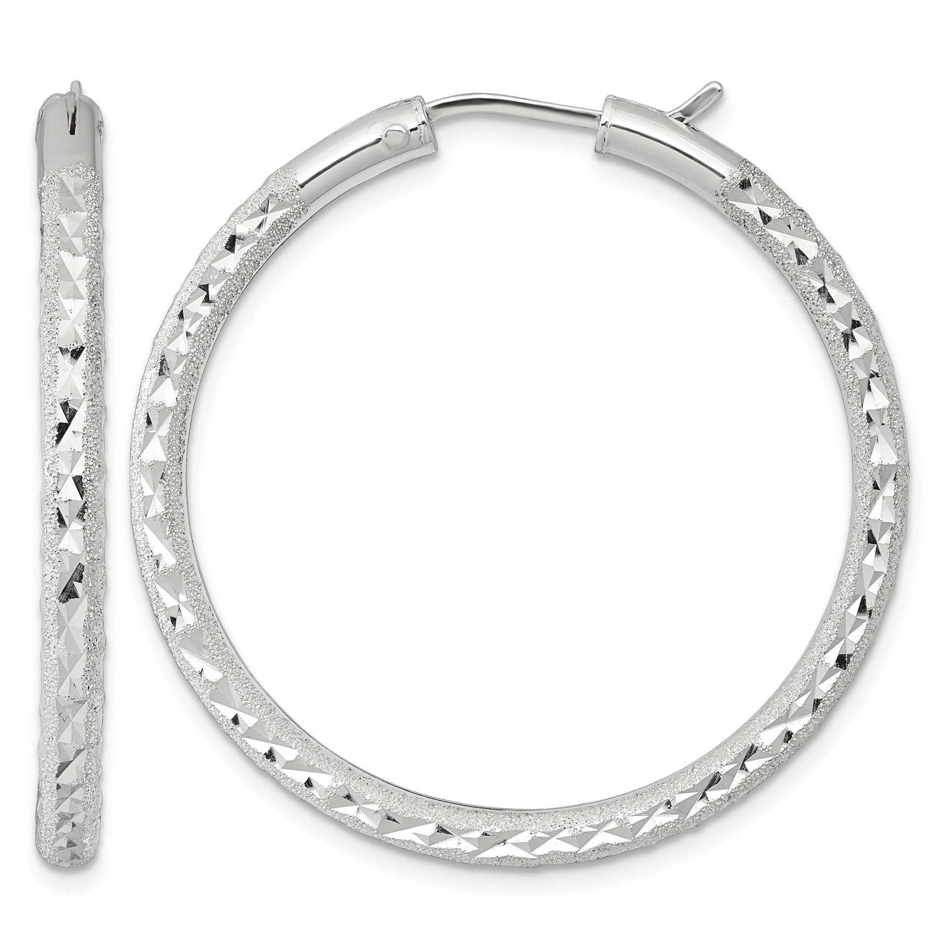 Sterling Silver Laser and Diamond-cut 40x3.25mm Hidden Catch Round Hoop Earrings