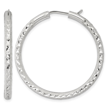 Sterling Silver Laser and Diamond-cut 40x3.25mm Hidden Catch Round Hoop Earrings