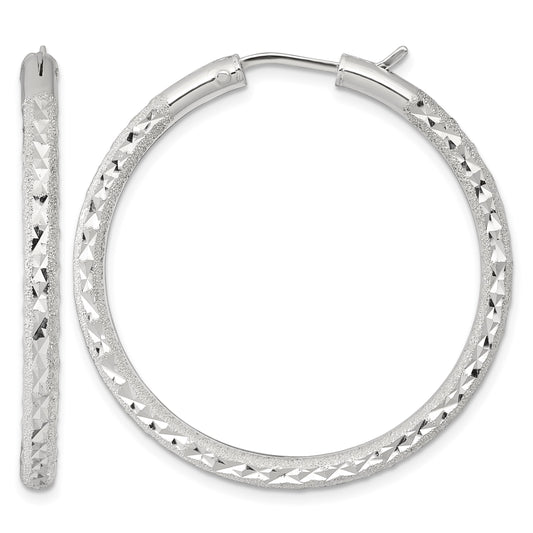 Sterling Silver Laser and Diamond-cut 40x3.25mm Hidden Catch Round Hoop Earrings