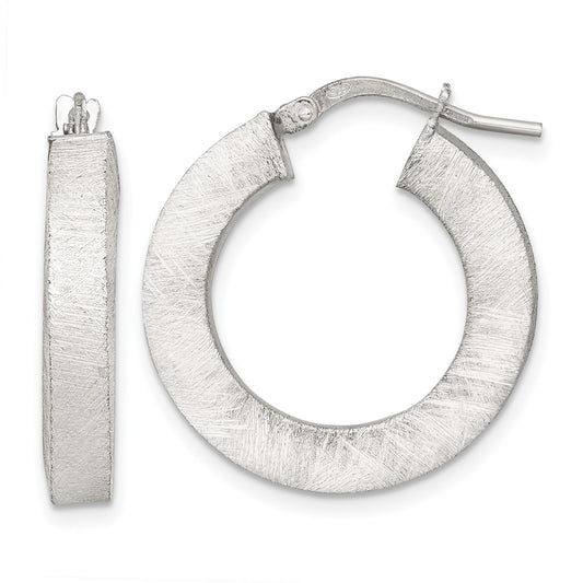 Sterling Silver Brushed Textured 4.25mm x 24mm Square Tube Hoop Earrings