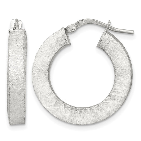 Sterling Silver Brushed Textured 4.25mm x 24mm Square Tube Hoop Earrings
