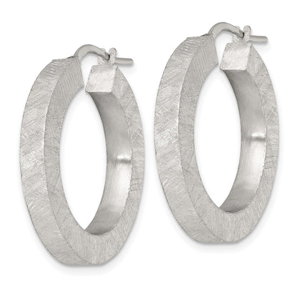 Sterling Silver Brushed Textured 4.25mm x 28mm Square Tube Hoop Earrings