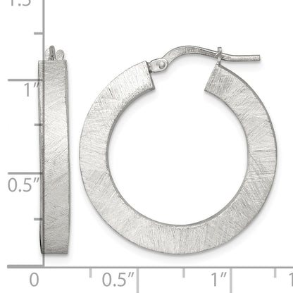 Sterling Silver Brushed Textured 4.25mm x 28mm Square Tube Hoop Earrings