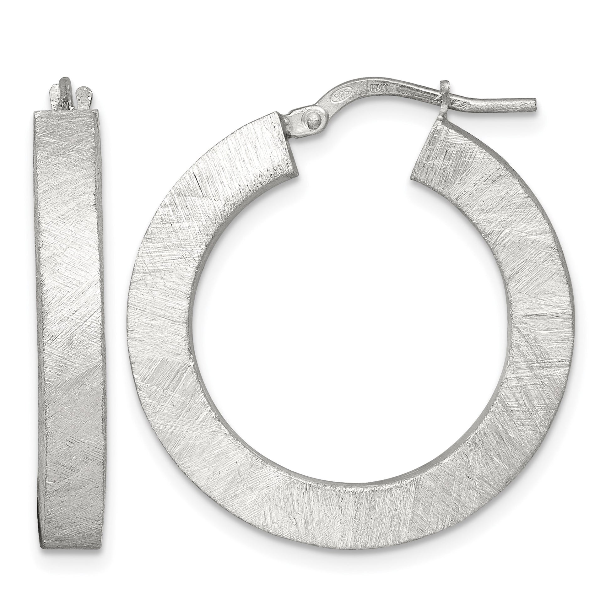Sterling Silver Brushed Textured 4.25mm x 28mm Square Tube Hoop Earrings