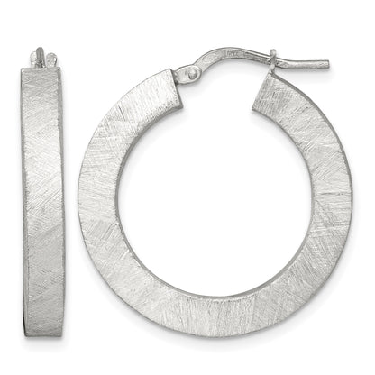 Sterling Silver Brushed Textured 4.25mm x 28mm Square Tube Hoop Earrings