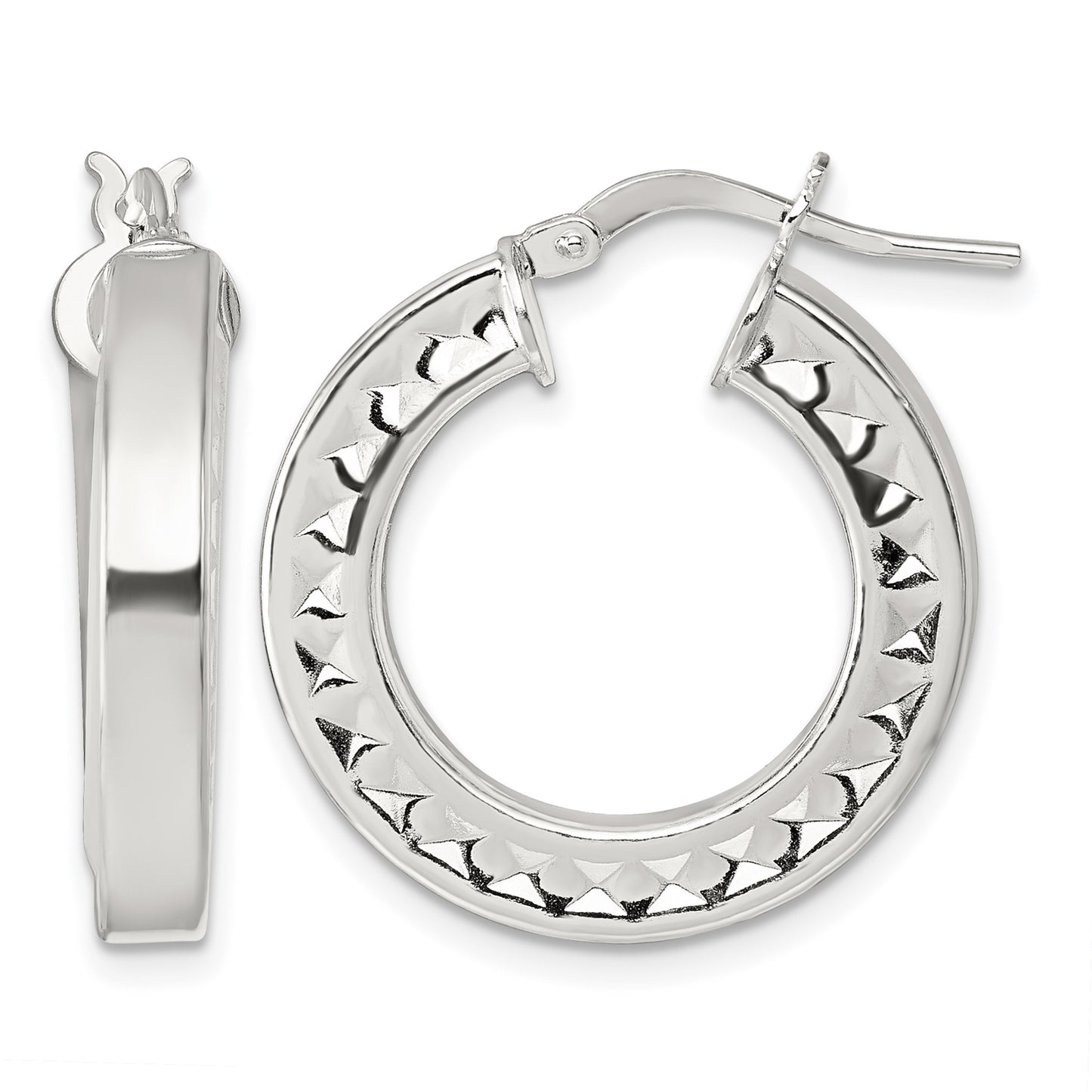Sterling Silver Polished and Textured 4.00 x 23mm Hoop Earrings