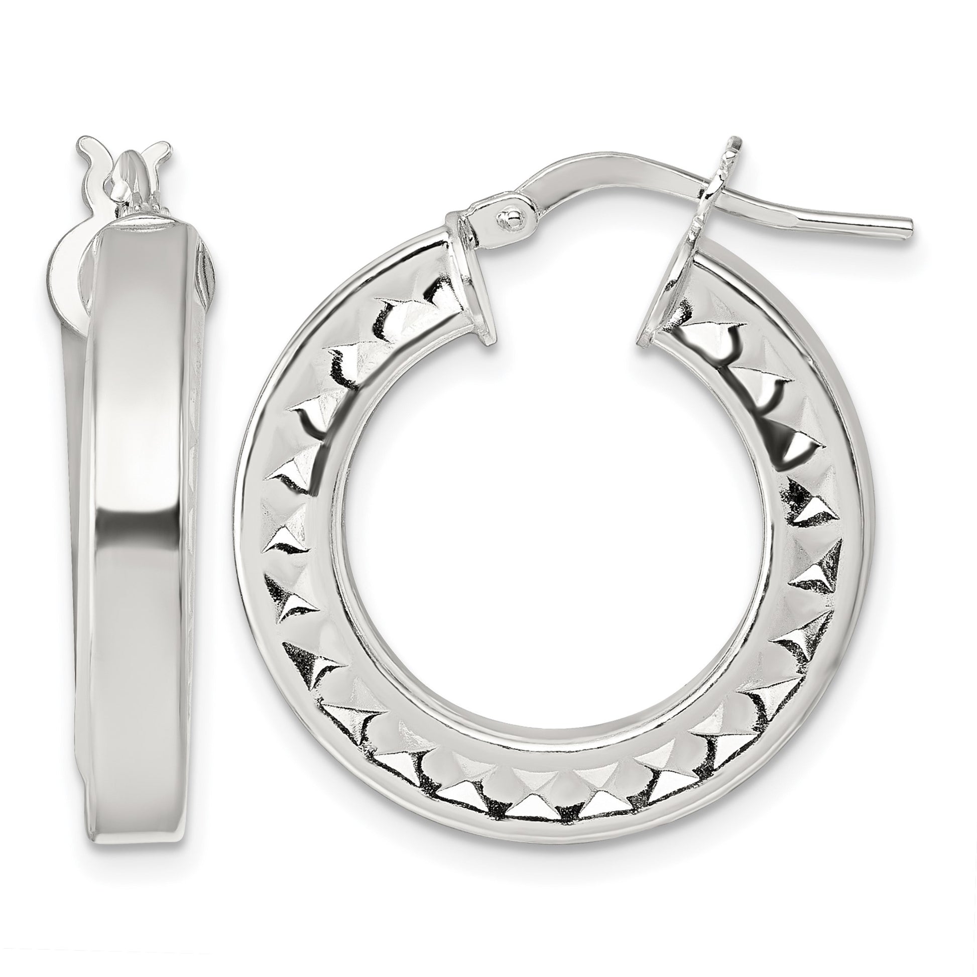 Sterling Silver Polished and Textured 4.00 x 23mm Hoop Earrings