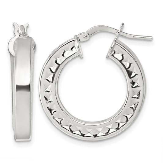 Sterling Silver Polished and Textured 4.00 x 23mm Hoop Earrings