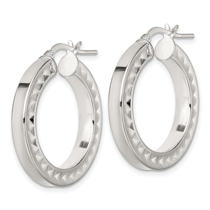 Sterling Silver Polished and Textured 4.00 x 29mm Hoop Earrings