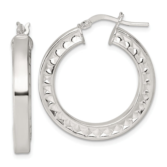 Sterling Silver Polished and Textured 4.00 x 29mm Hoop Earrings