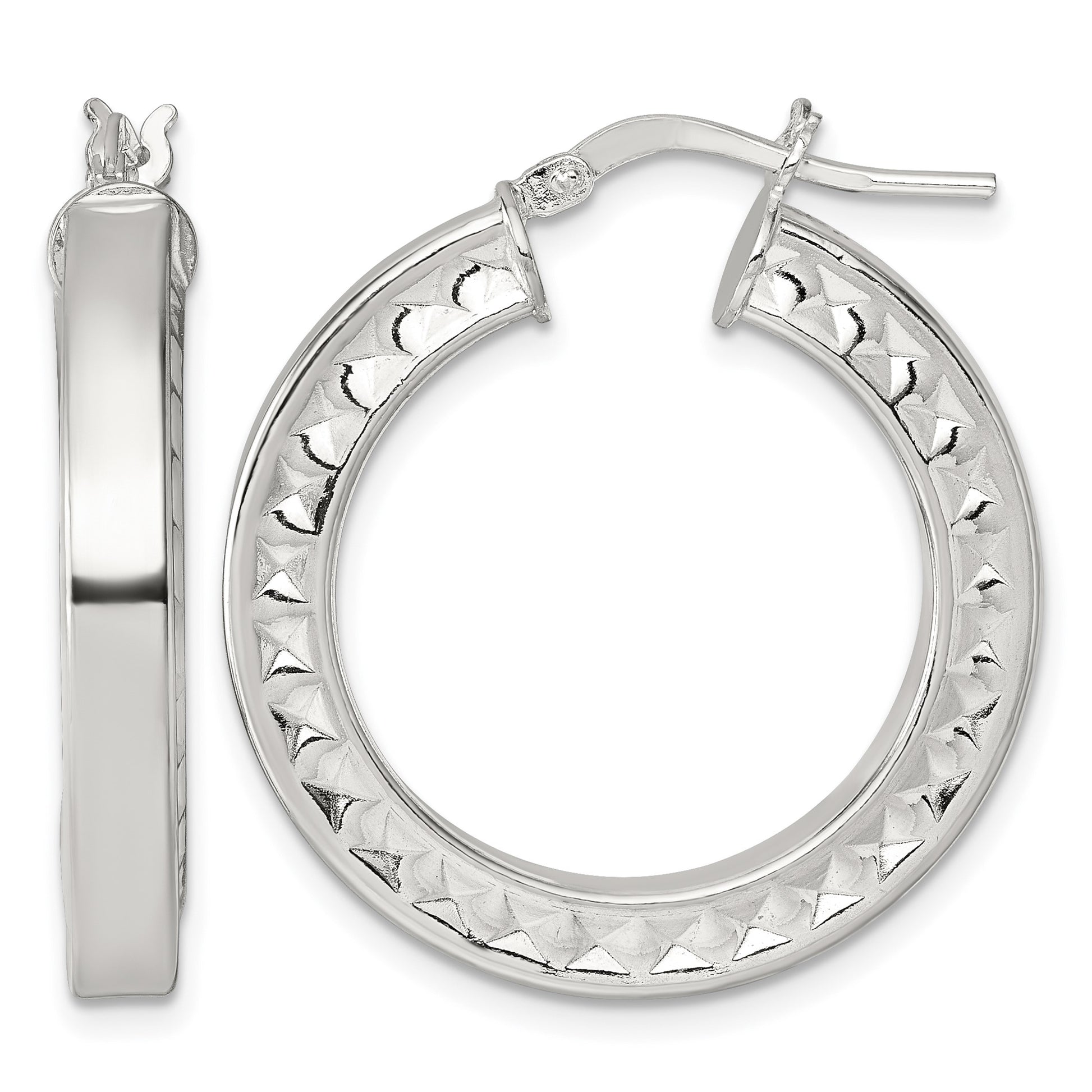 Sterling Silver Polished and Textured 4.00 x 29mm Hoop Earrings