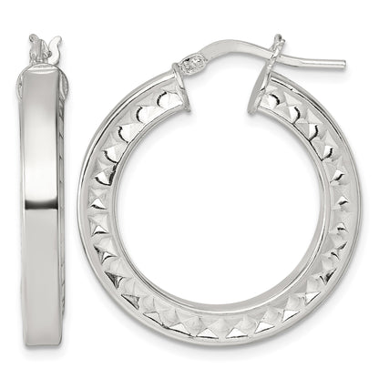 Sterling Silver Polished and Textured 4.00 x 29mm Hoop Earrings