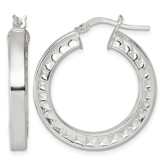 Sterling Silver Polished and Textured 4.00 x 29mm Hoop Earrings