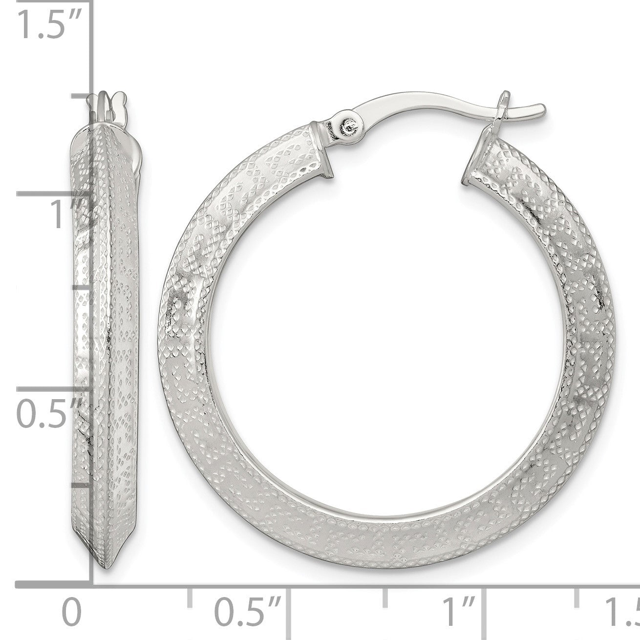 Sterling Silver Textured 30x4.0mm Knife Edge Greek Key Round Hoop Earrings