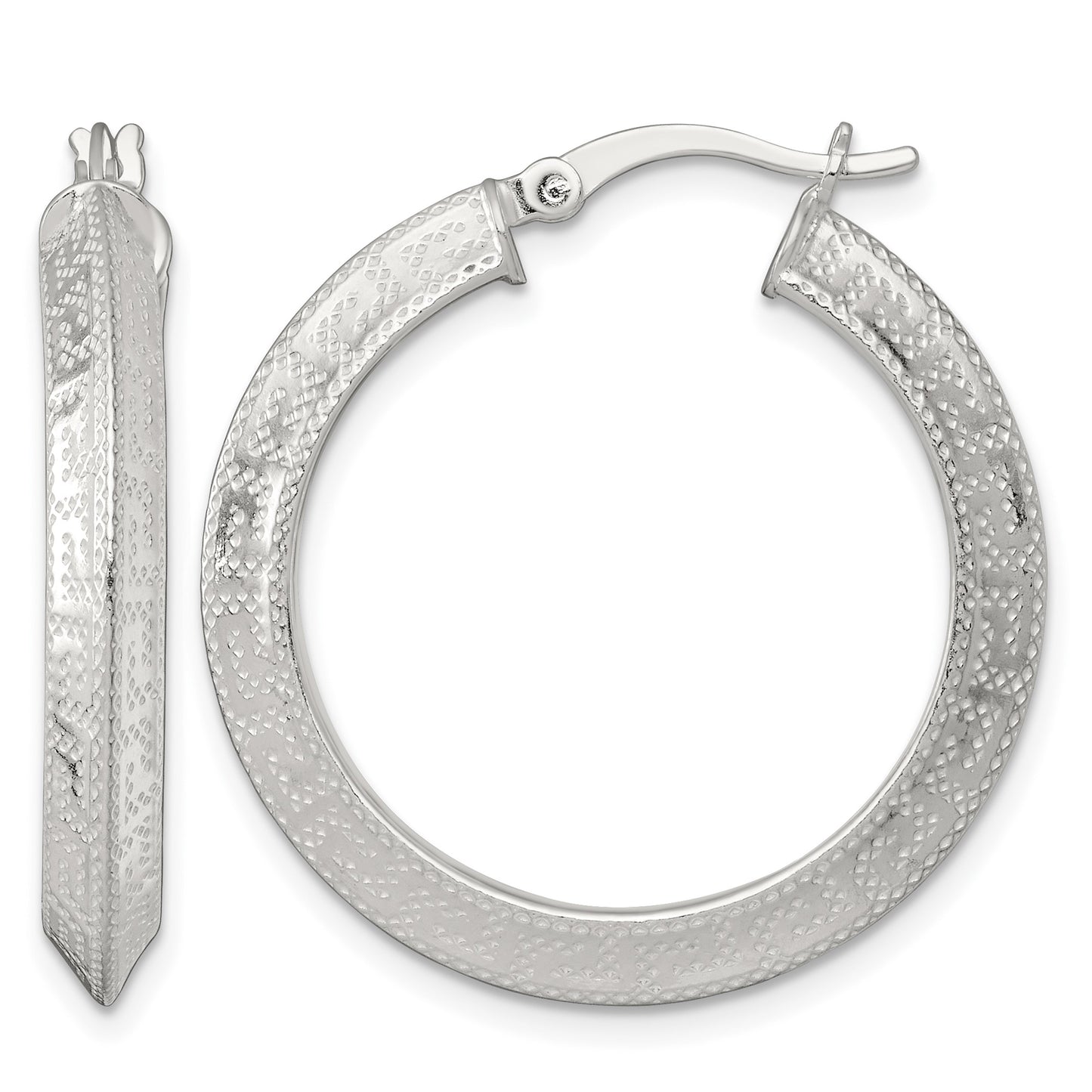 Sterling Silver Textured 30x4.0mm Knife Edge Greek Key Round Hoop Earrings
