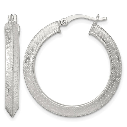 Sterling Silver Textured 30x4.0mm Knife Edge Greek Key Round Hoop Earrings