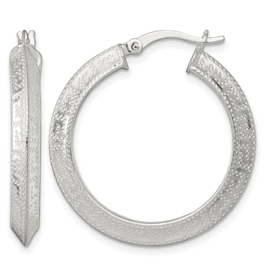 Sterling Silver Textured 30x4.0mm Knife Edge Greek Key Round Hoop Earrings