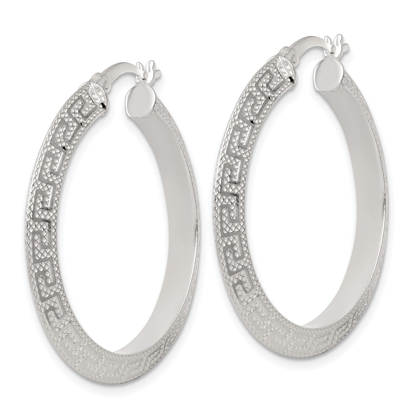 Sterling Silver Textured 35x4.0mm Knife Edge Greek Key Round Hoop Earrings