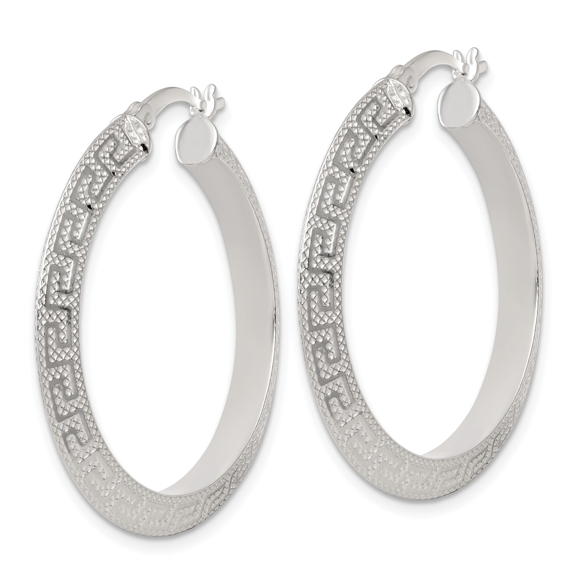 Sterling Silver Textured 35x4.0mm Knife Edge Greek Key Round Hoop Earrings