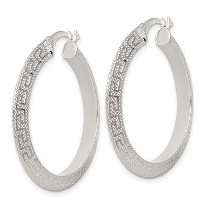 Sterling Silver Textured 35x4.0mm Knife Edge Greek Key Round Hoop Earrings