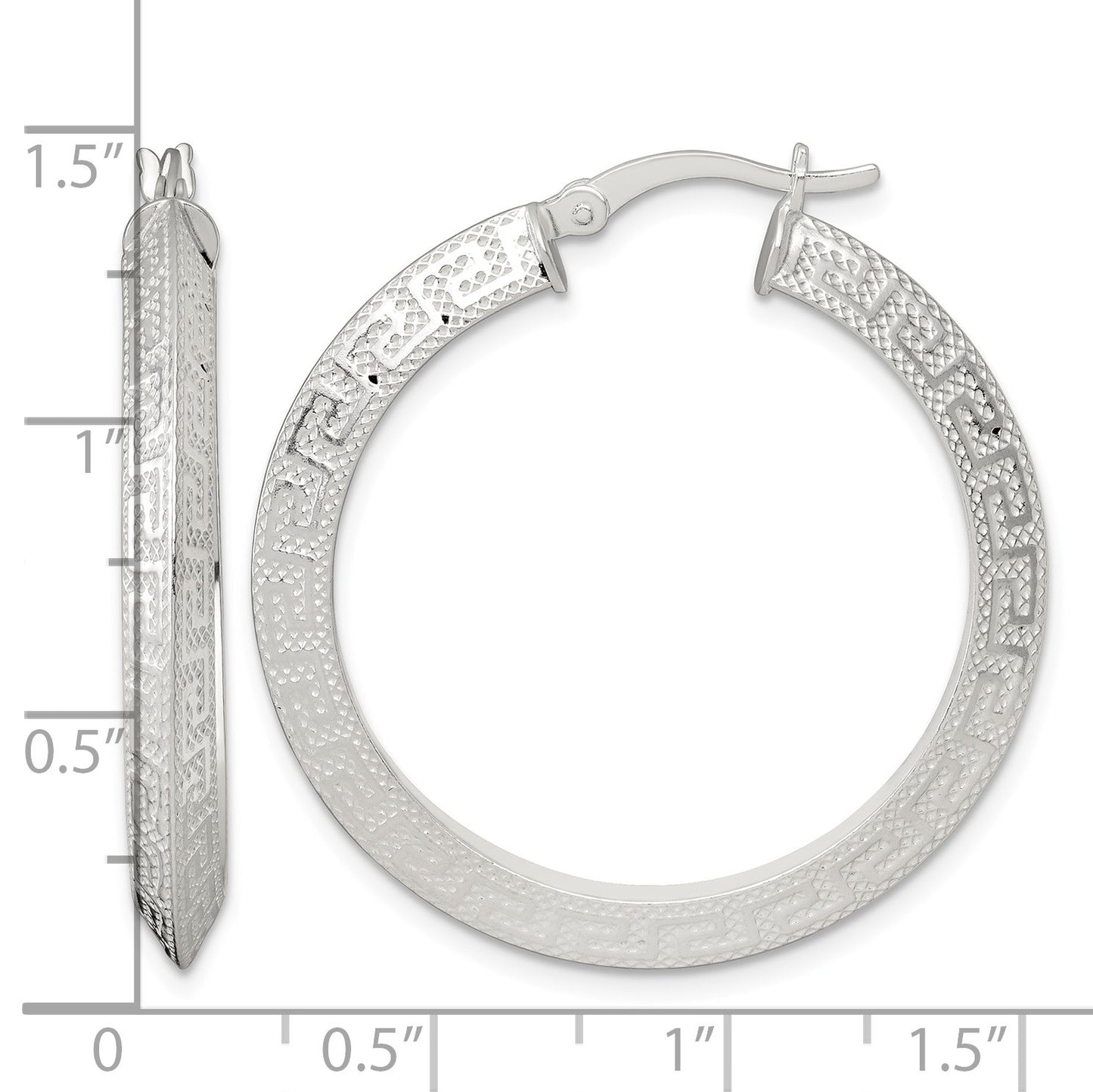 Sterling Silver Textured 35x4.0mm Knife Edge Greek Key Round Hoop Earrings