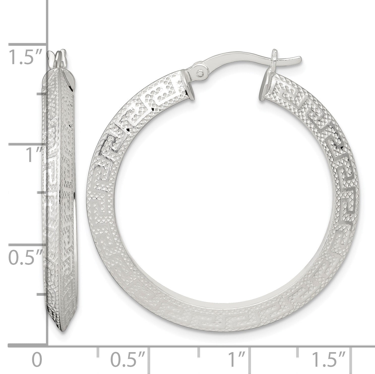 Sterling Silver Textured 35x4.0mm Knife Edge Greek Key Round Hoop Earrings