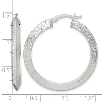 Sterling Silver Textured 35x4.0mm Knife Edge Greek Key Round Hoop Earrings