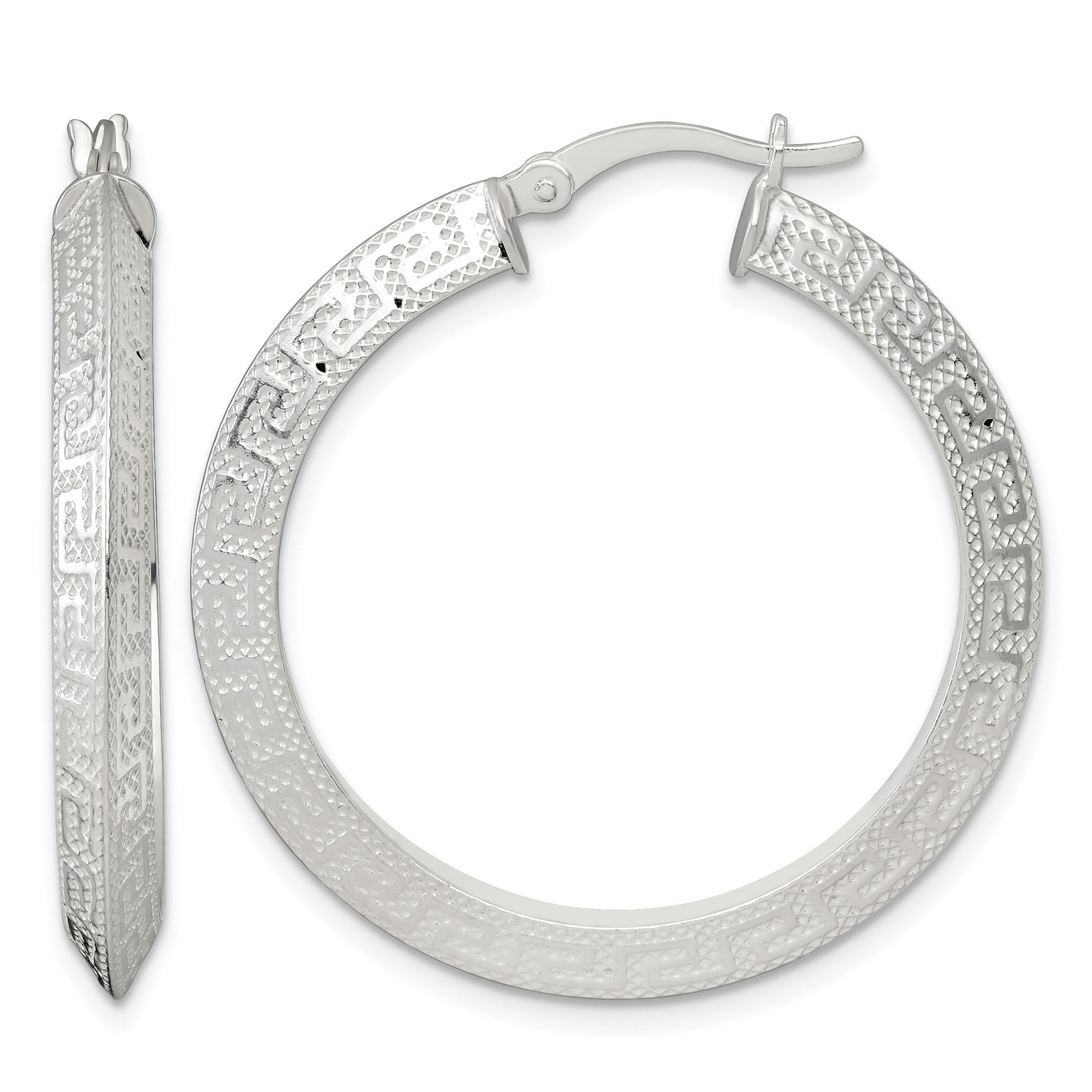 Sterling Silver Textured 35x4.0mm Knife Edge Greek Key Round Hoop Earrings