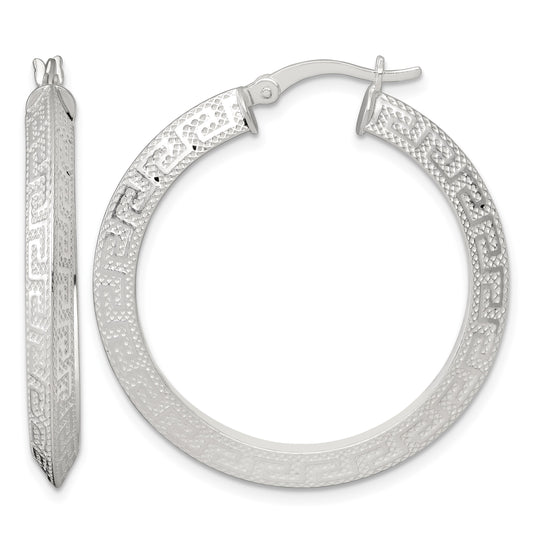 Sterling Silver Textured 35x4.0mm Knife Edge Greek Key Round Hoop Earrings