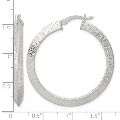 Sterling Silver Textured 40x4.0mm Knife Edge Greek Key Round Hoop Earrings