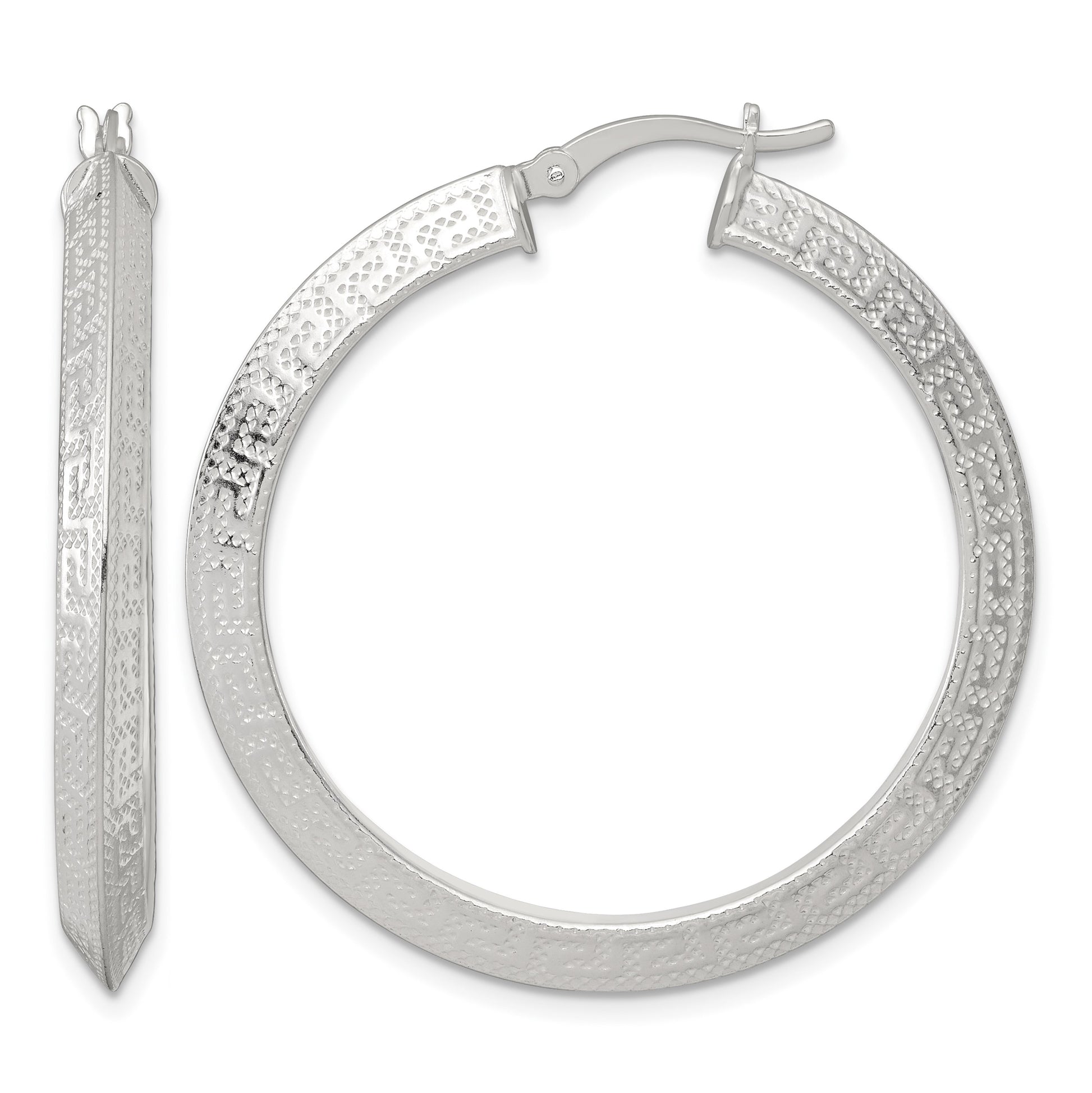 Sterling Silver Textured 40x4.0mm Knife Edge Greek Key Round Hoop Earrings