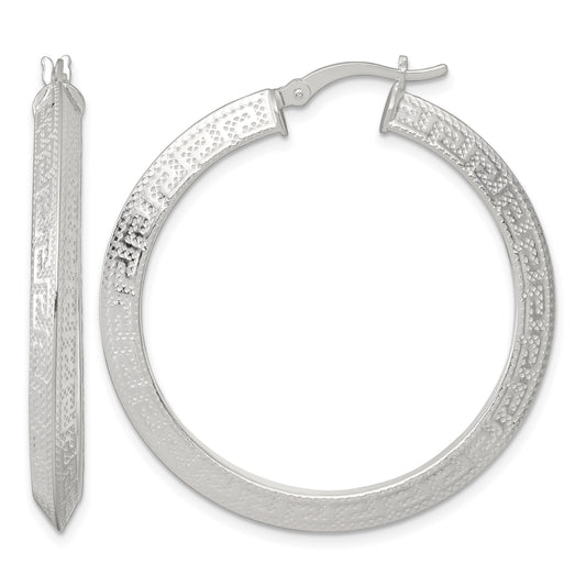 Sterling Silver Textured 40x4.0mm Knife Edge Greek Key Round Hoop Earrings