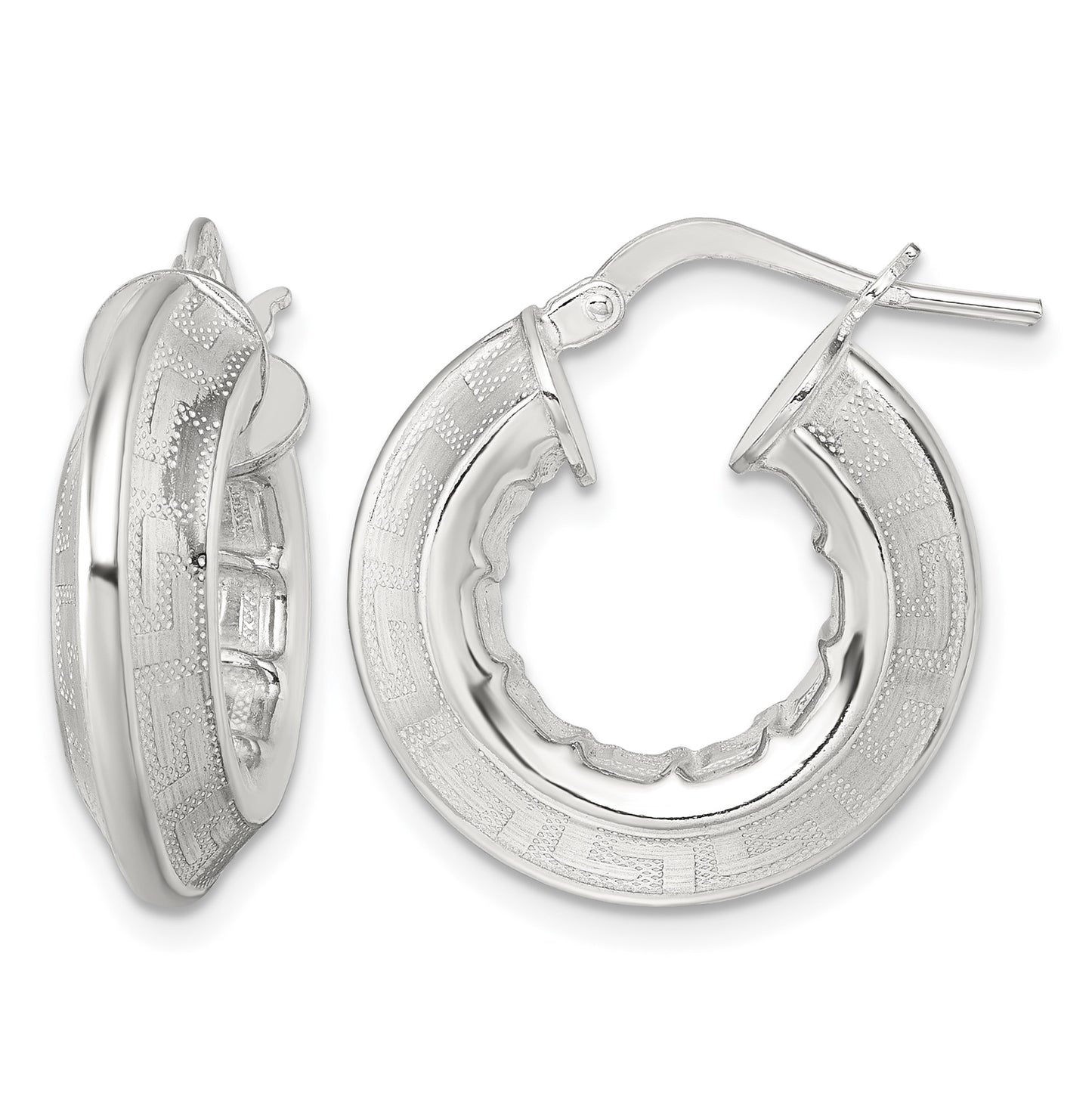 Sterling Silver Polished Greek Key Knife Edge 5.50mm Hollow Hoop Earrings