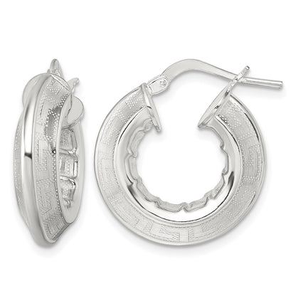 Sterling Silver Polished Greek Key Knife Edge 5.50mm Hollow Hoop Earrings