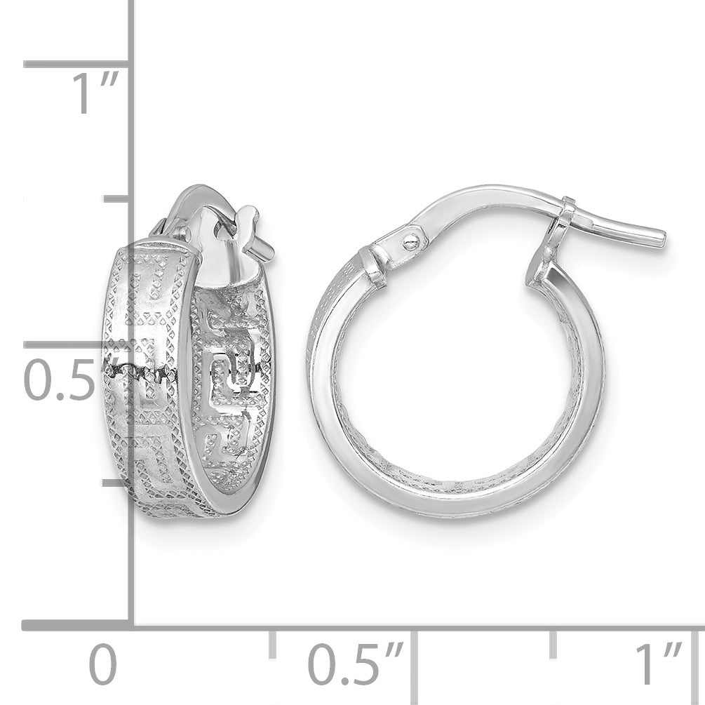 Sterling Silver Rhodium-plated Polished Textured In and Out Greek Key 4.00 x 14mm Hoop Earrings