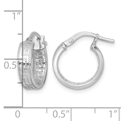 Sterling Silver Rhodium-plated Polished Textured In and Out Greek Key 4.00 x 14mm Hoop Earrings