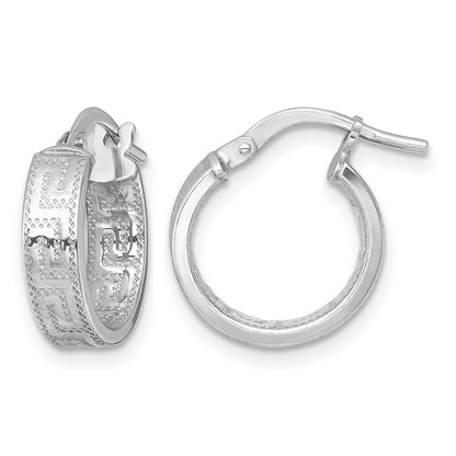 Sterling Silver Rhodium-plated Polished Textured In and Out Greek Key 4.00 x 14mm Hoop Earrings