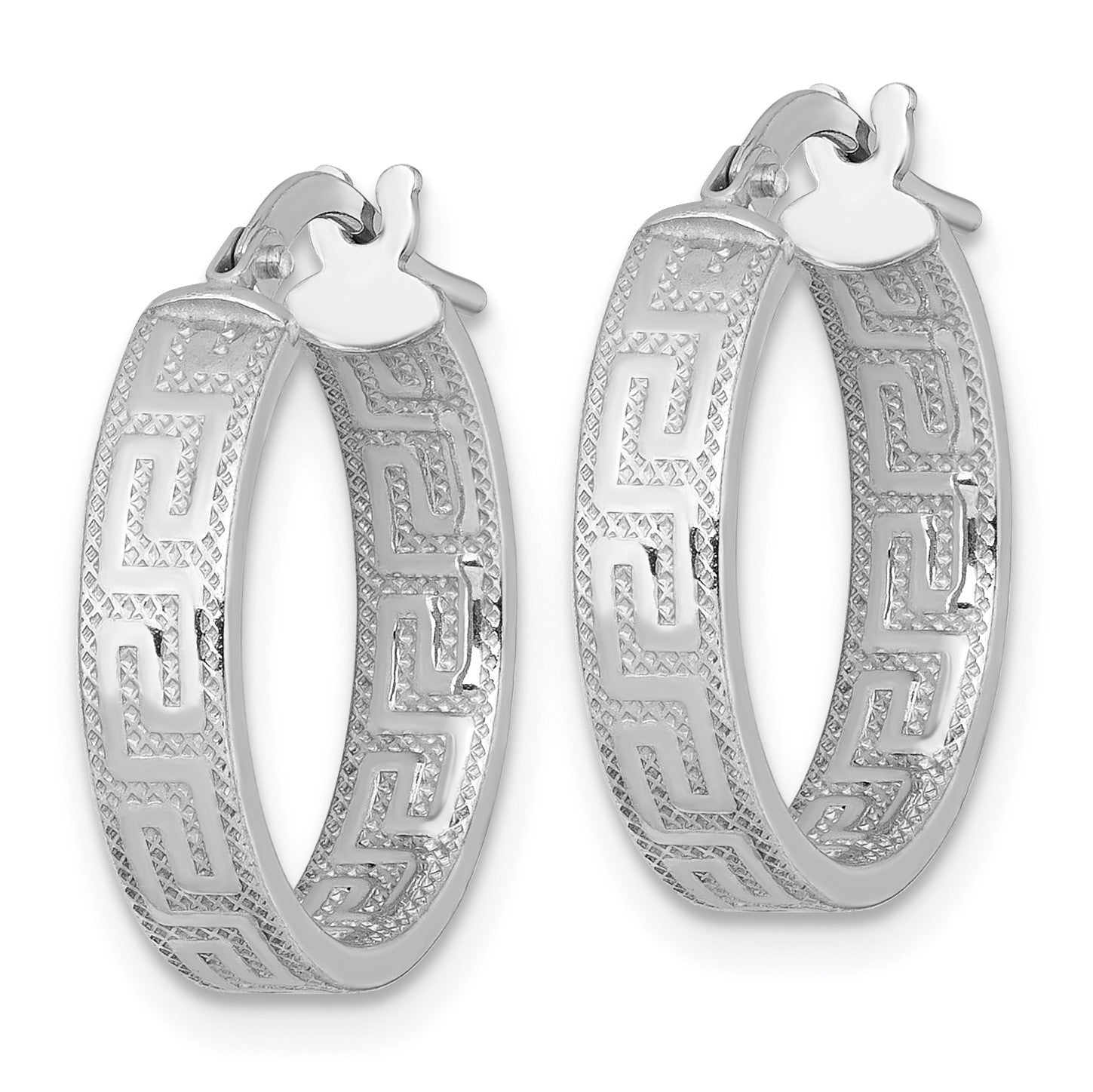 Sterling Silver Rhodium-plated Polished Textured In and Out Greek Key 4.00 x 18mm Hoop Earrings