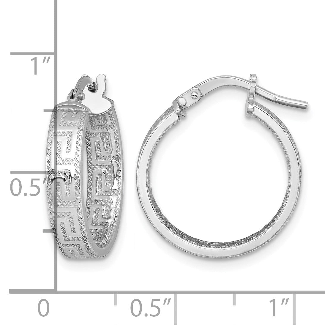 Sterling Silver Rhodium-plated Polished Textured In and Out Greek Key 4.00 x 18mm Hoop Earrings