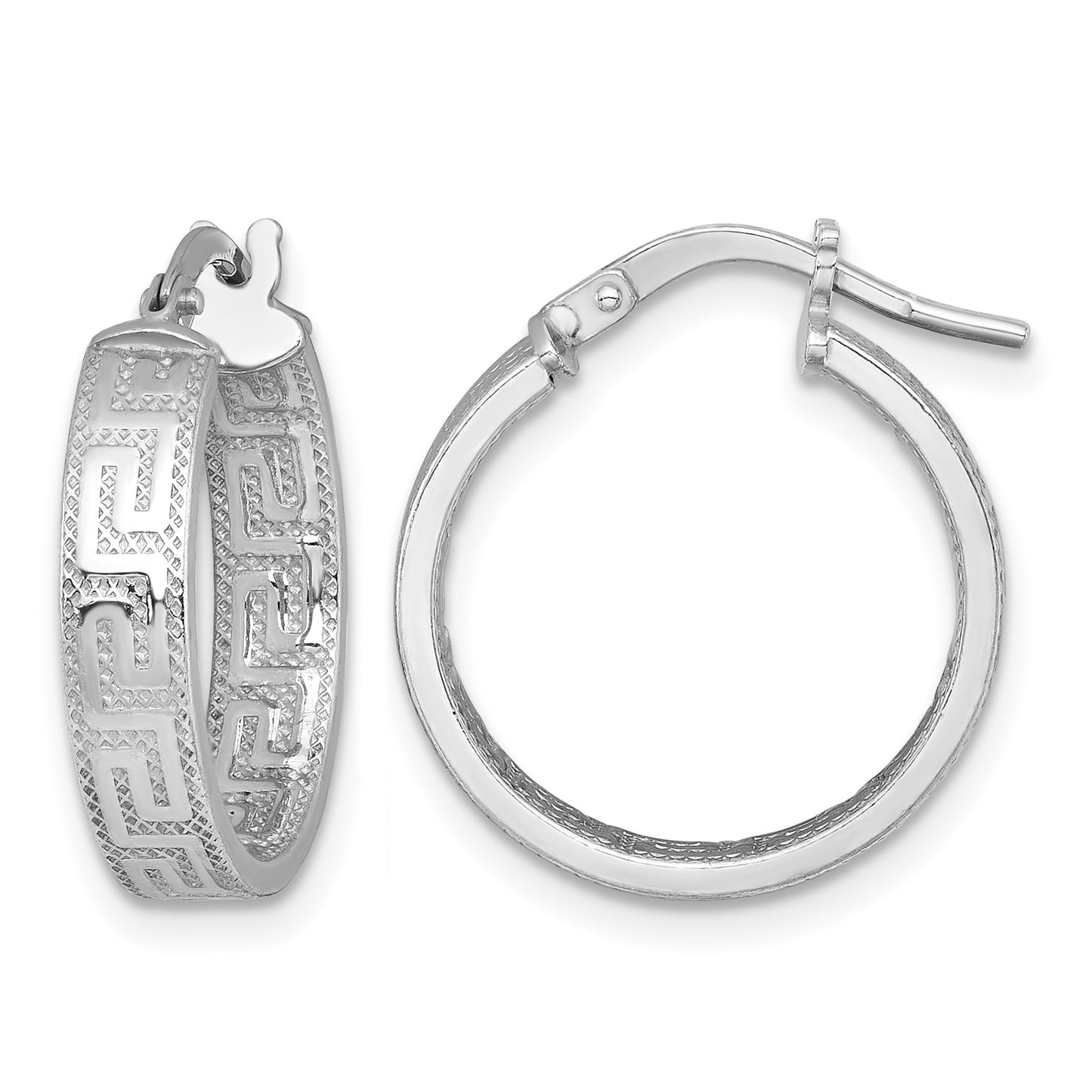 Sterling Silver Rhodium-plated Polished Textured In and Out Greek Key 4.00 x 18mm Hoop Earrings