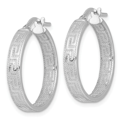 Sterling Silver Rhodium-plated Polished Textured In and Out Greek Key 4.00 x 23mm Hoop Earrings