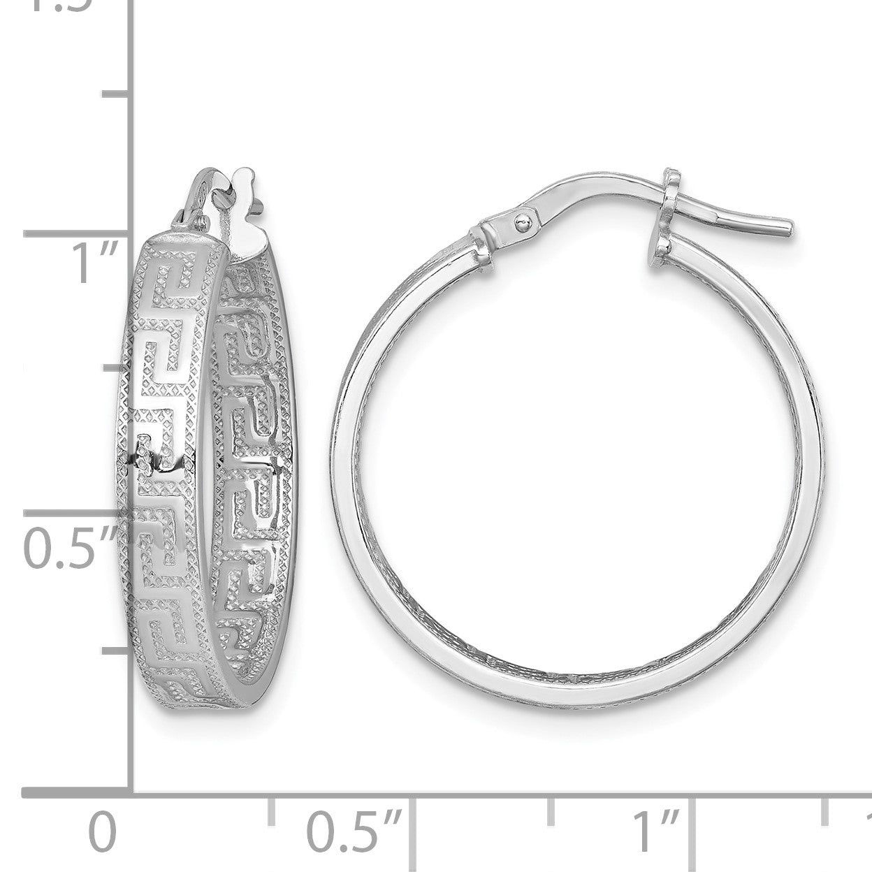 Sterling Silver Rhodium-plated Polished Textured In and Out Greek Key 4.00 x 23mm Hoop Earrings