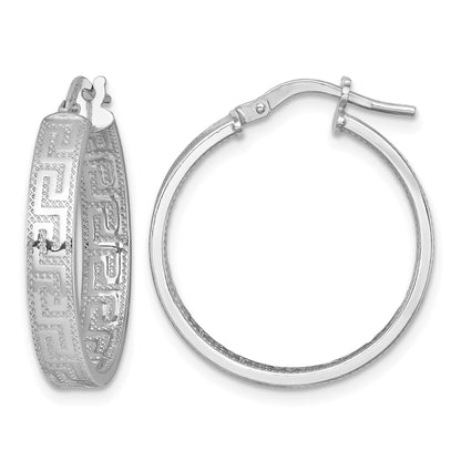 Sterling Silver Rhodium-plated Polished Textured In and Out Greek Key 4.00 x 23mm Hoop Earrings
