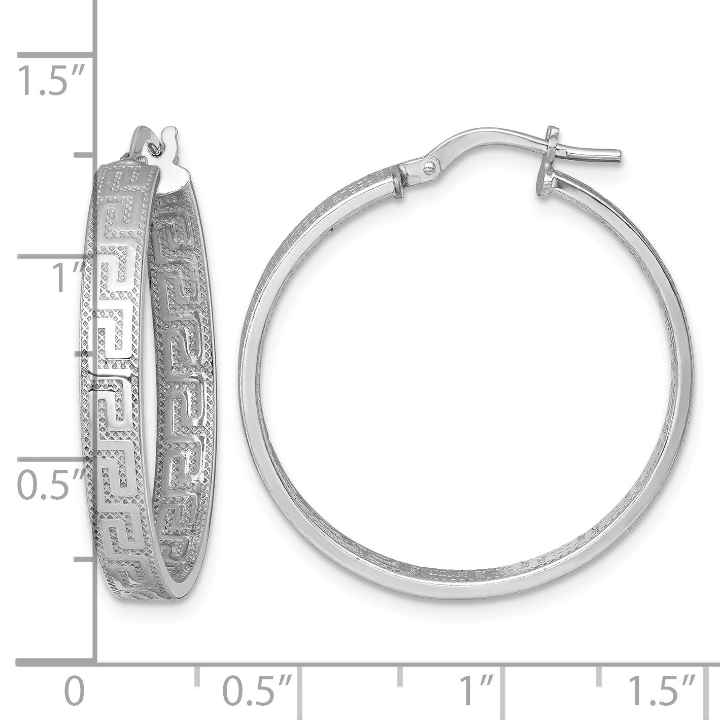 Sterling Silver Rhodium-plated Polished Textured In and Out Greek Key 4.00 x 29mm Hoop Earrings