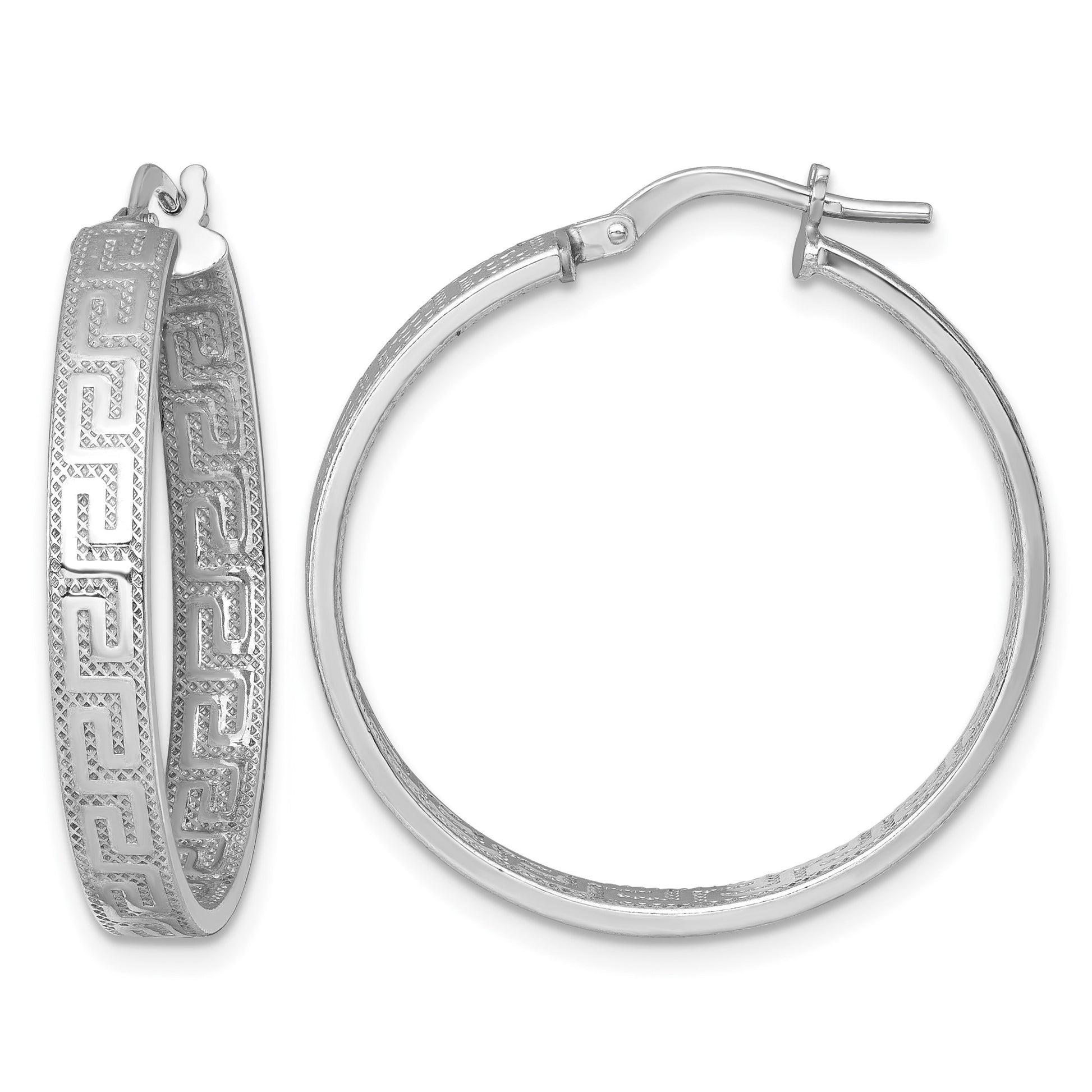 Sterling Silver Rhodium-plated Polished Textured In and Out Greek Key 4.00 x 29mm Hoop Earrings