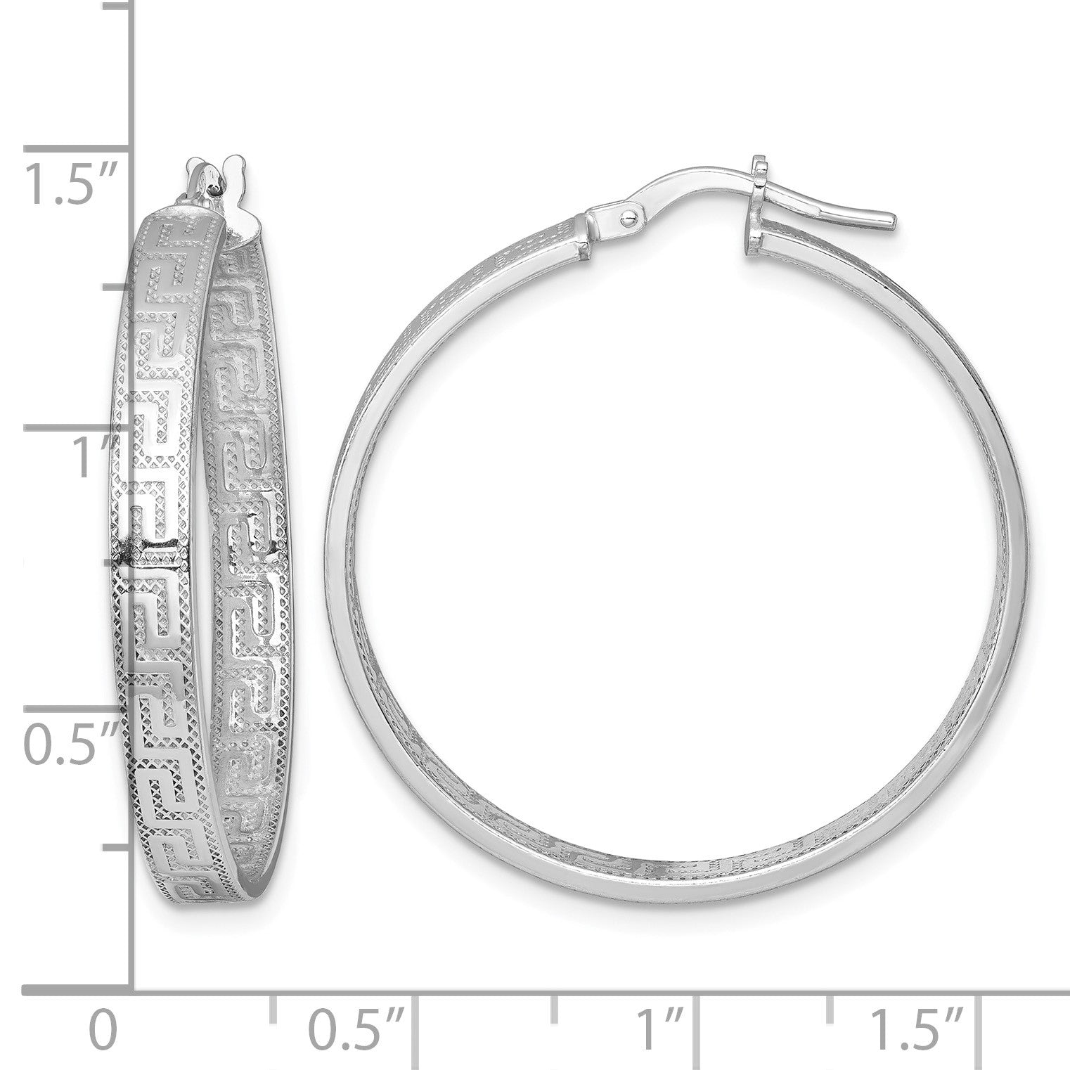 Sterling Silver Rhodium-plated Polished Textured In and Out Greek Key 4.00 x 33mm Hoop Earrings