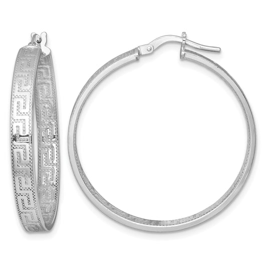 Sterling Silver Rhodium-plated Polished Textured In and Out Greek Key 4.00 x 33mm Hoop Earrings