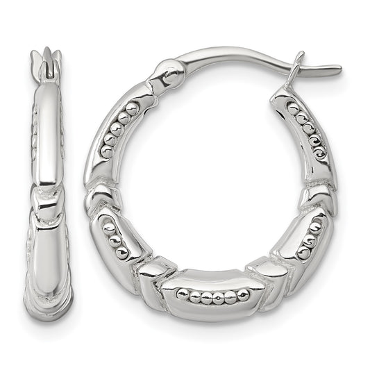Sterling Silver Polished Beaded and Grooved Round Hollow Hoop Earrings