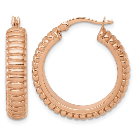 Sterling Silver Rose-tone Polished and Grooved 26x6mm Round Hollow Hoop Earrings
